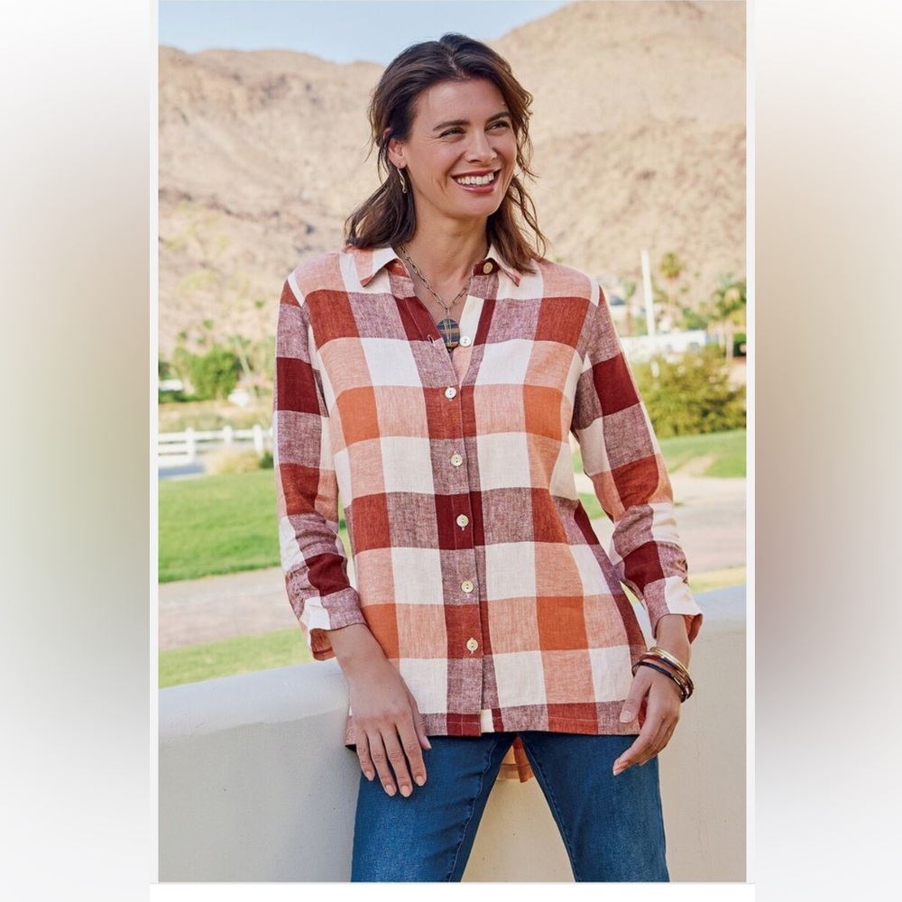 NWT Soft Surroundings Carreaux Button Shirt Mango Brown Plaid Linen Blend
